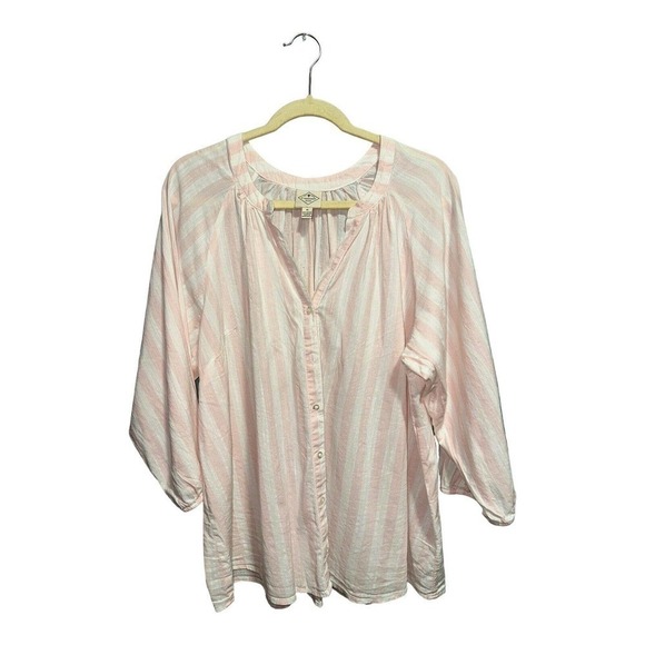 St Johns Bay Women’s Cotton Blend Button Down Top Sz. 1X Pink Stripe V-Neck - Picture 1 of 9